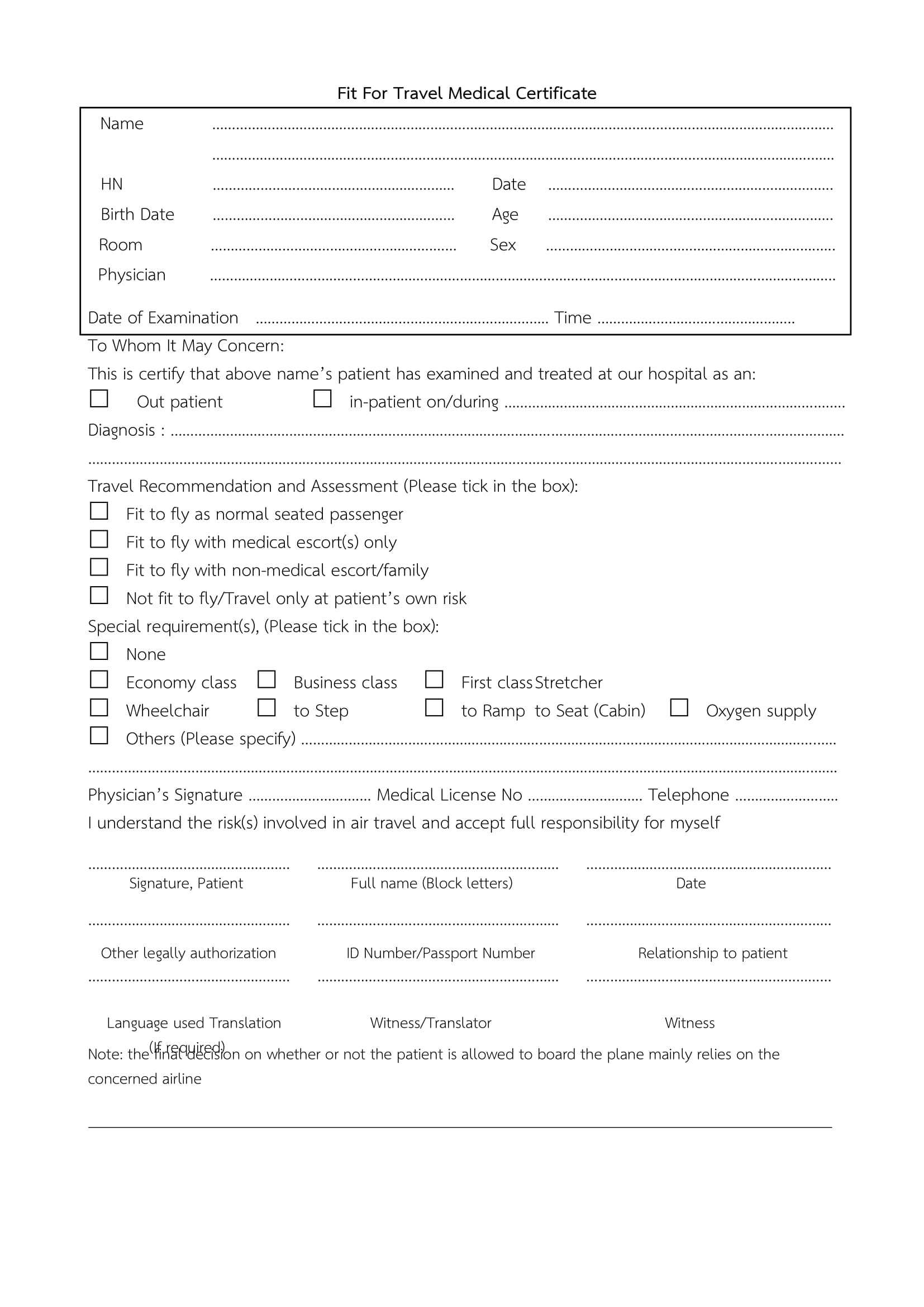 Fit to Fly Health Certificate Form